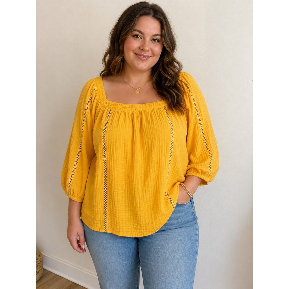 Caffe Marrakesh Mustard Yellow Gauze Peasant Blouse Crochet Trim Plus 2X